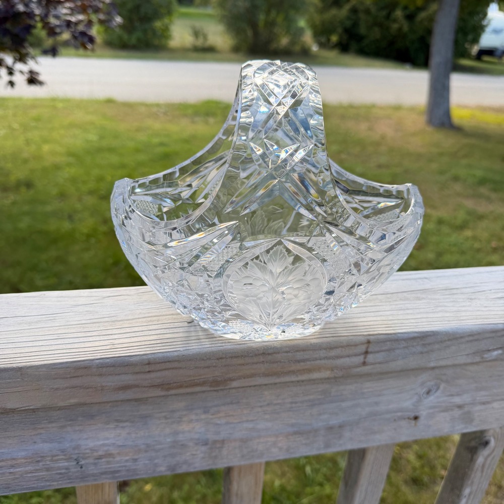 Vintage Cut Crystal Glass Basket Frosted Floral Etched Centerpiece with Handle